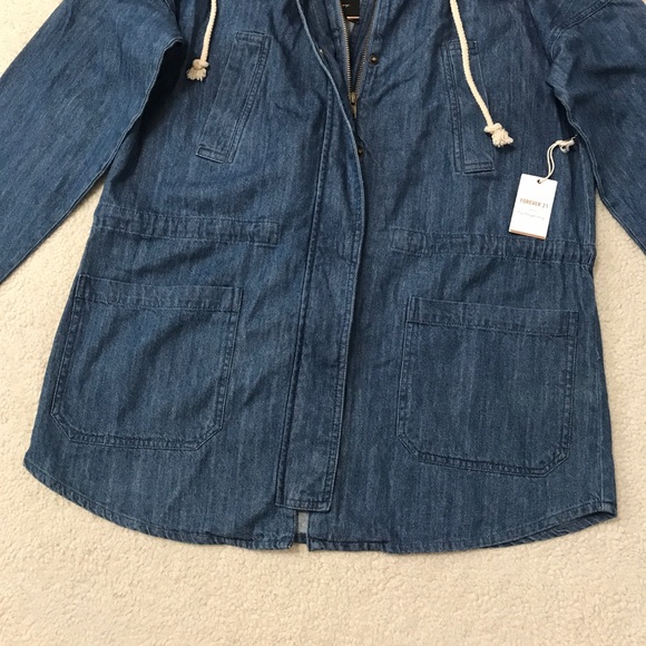SOLD Forever 21 Denim Hoodie Jacket Oversized Parka Blue Pit to Pit 21” Size XS - Picture 4 of 16
